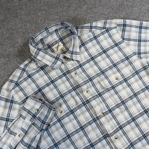 Fair Harbor Shirt Mens Large Blue Plaid Flannel Button Front Long Sleeve Stretch